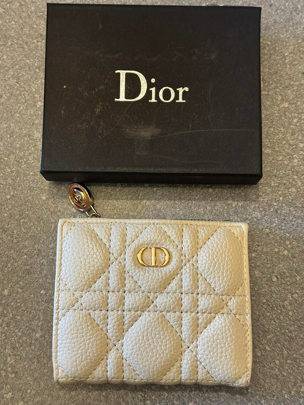 Ivory Quilted Leather Card Case with Gold CD Logo